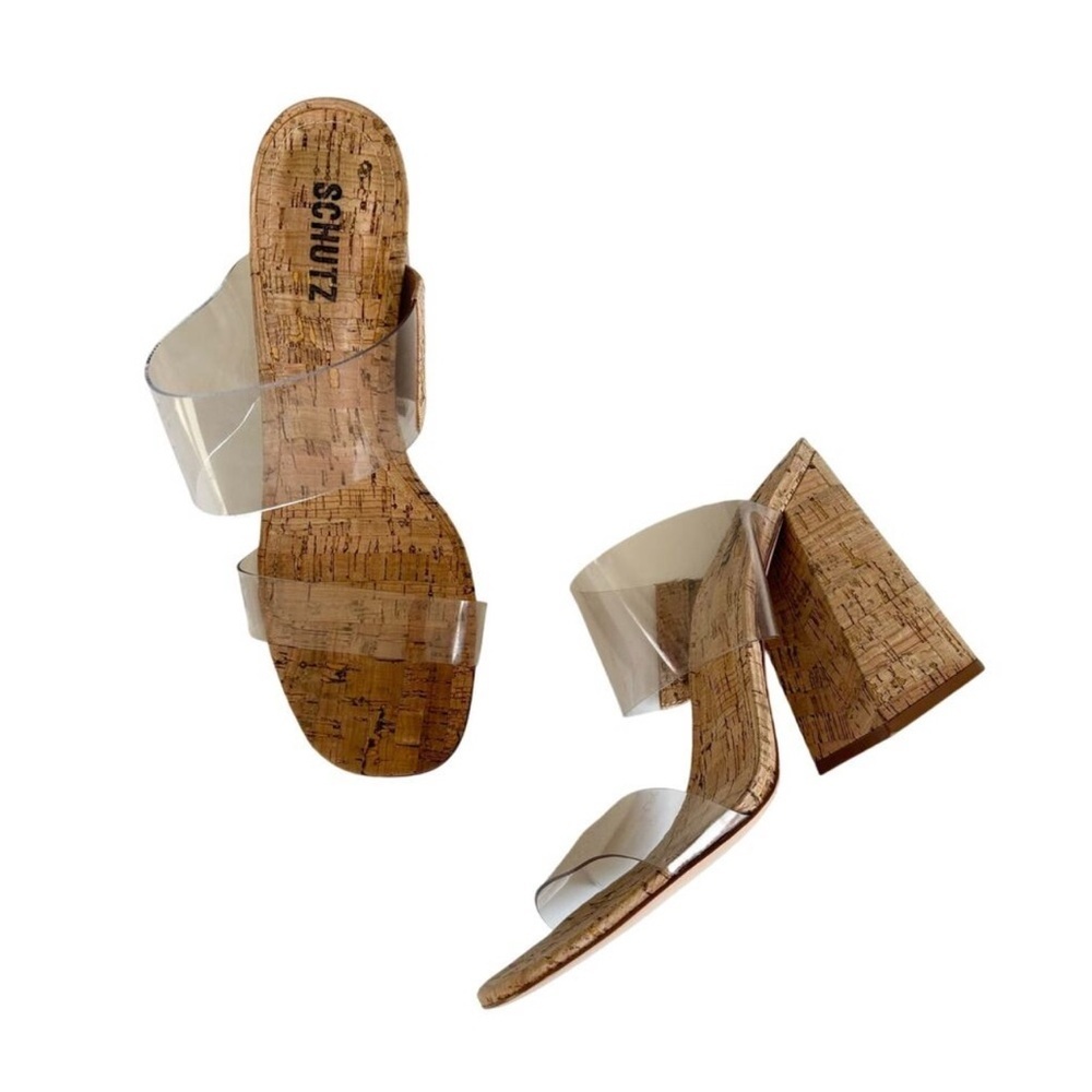 Schutz Victorie Beige Cork & Transparent Vinyl High Block Heel Sandals, Size 10